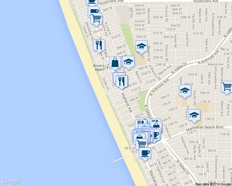map of restaurants, bars, coffee shops, grocery stores, and more near 124 21st Place in Manhattan Beach