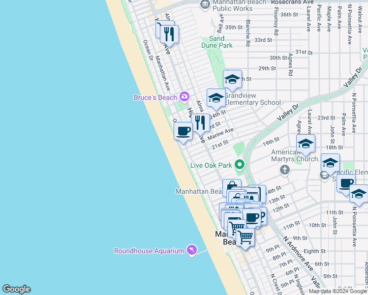 map of restaurants, bars, coffee shops, grocery stores, and more near 2200 The Strand in Manhattan Beach