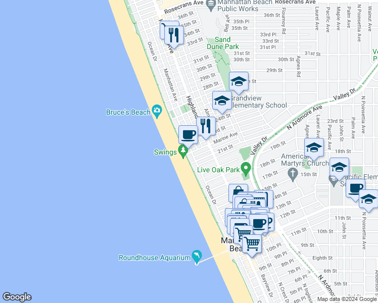 map of restaurants, bars, coffee shops, grocery stores, and more near Marvin Braude Bike Trail in Manhattan Beach