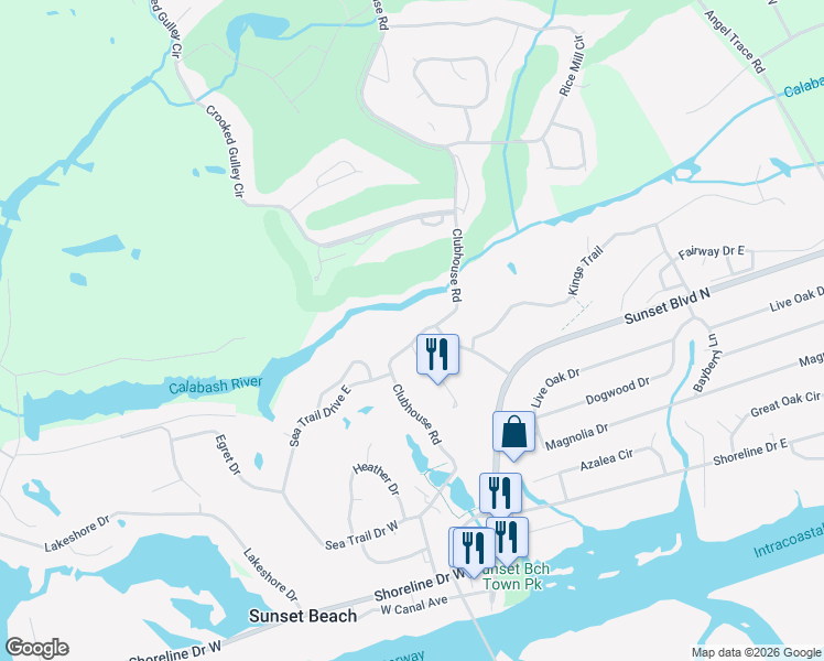 map of restaurants, bars, coffee shops, grocery stores, and more near 200 Royal Poste Road in Sunset Beach