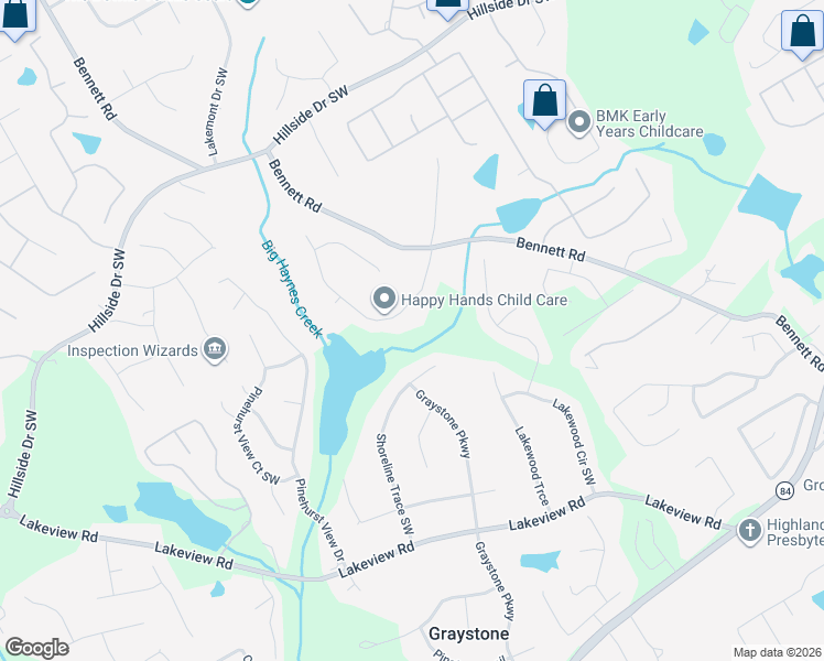 map of restaurants, bars, coffee shops, grocery stores, and more near 1865 Big Haynes Court Southwest in Grayson