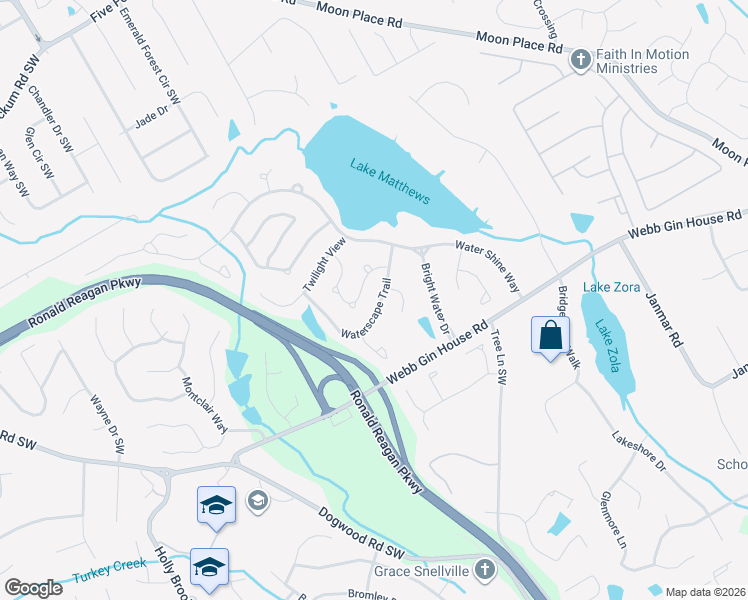 map of restaurants, bars, coffee shops, grocery stores, and more near 2383 Waterscape Trail in Snellville