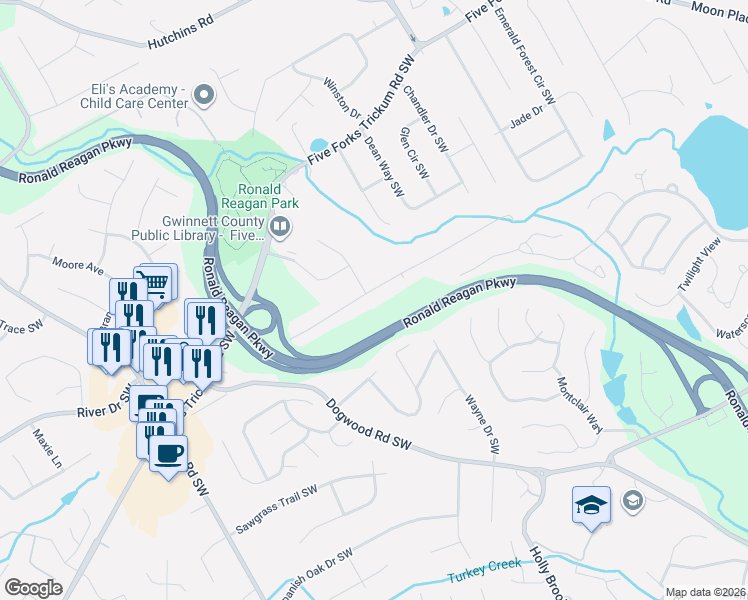 map of restaurants, bars, coffee shops, grocery stores, and more near 2722 Marcia Drive Southwest in Lawrenceville