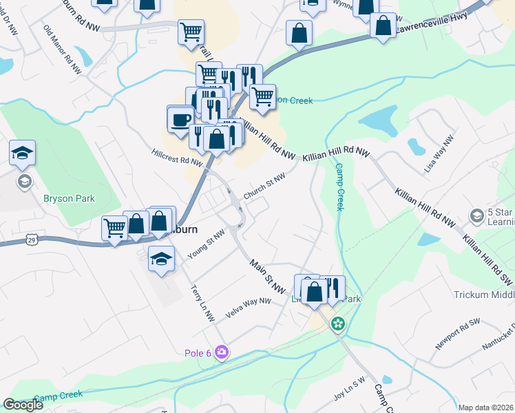 map of restaurants, bars, coffee shops, grocery stores, and more near 4807 Edith Place Northwest in Lilburn