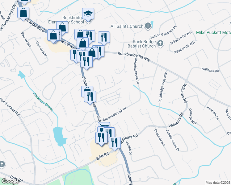 map of restaurants, bars, coffee shops, grocery stores, and more near 6102 Queen Anne Court in Norcross