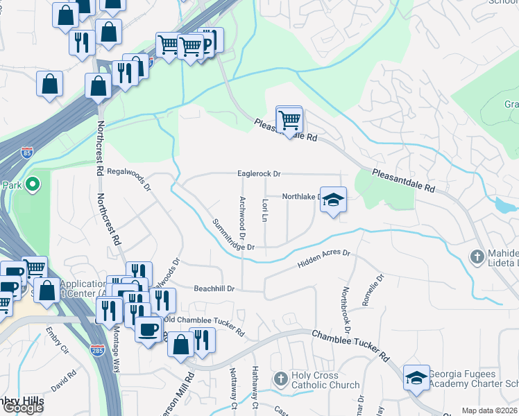 map of restaurants, bars, coffee shops, grocery stores, and more near 3425 Archwood Drive in Doraville