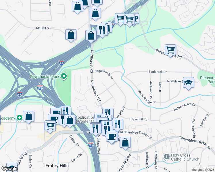 map of restaurants, bars, coffee shops, grocery stores, and more near 3414 Heartwood Lane in Doraville