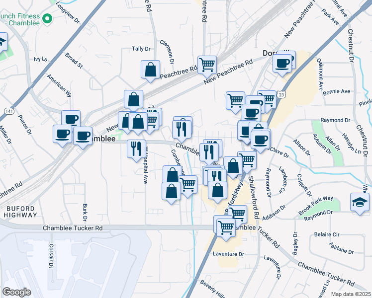 map of restaurants, bars, coffee shops, grocery stores, and more near 3248 Chamblee Dunwoody Road in Chamblee