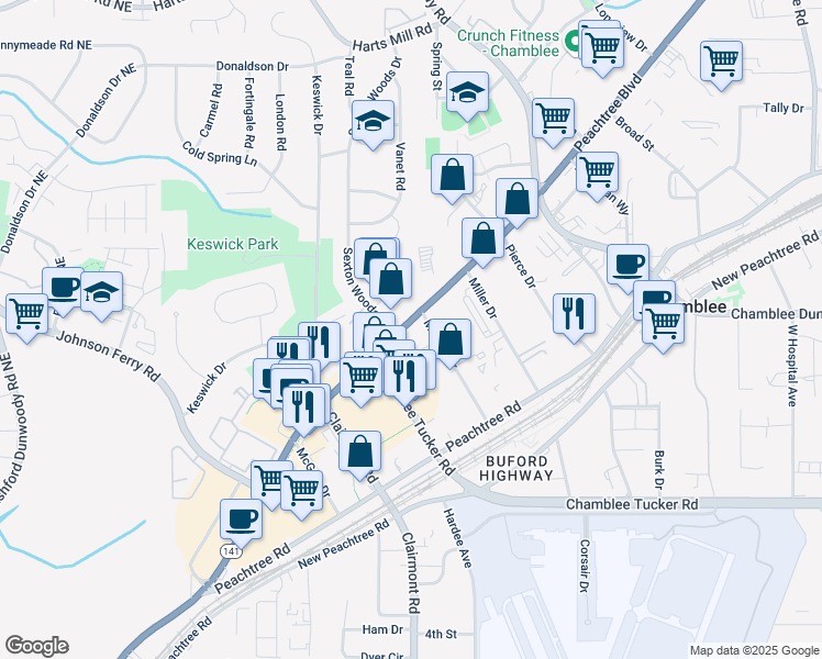 map of restaurants, bars, coffee shops, grocery stores, and more near 5211 Peachtree Boulevard in Chamblee