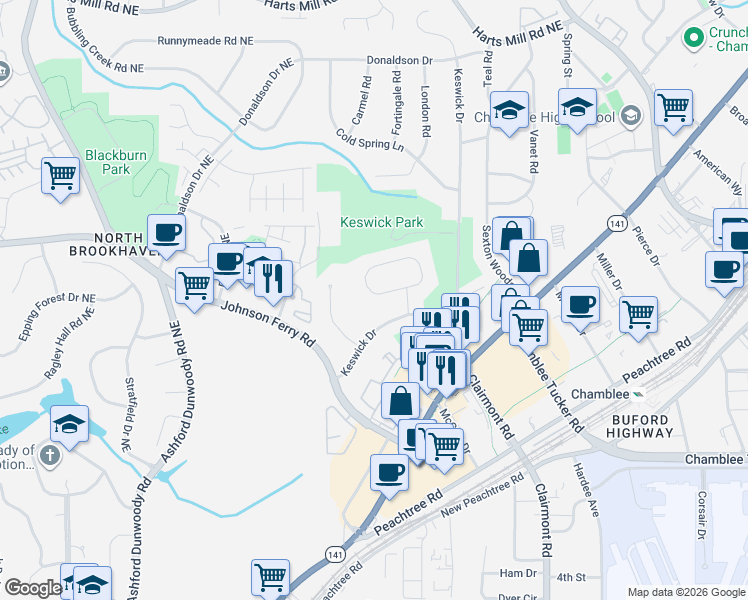 map of restaurants, bars, coffee shops, grocery stores, and more near 3470 Hildon Circle in Chamblee