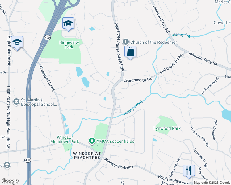 map of restaurants, bars, coffee shops, grocery stores, and more near 4975 Peachtree Dunwoody Road in Atlanta
