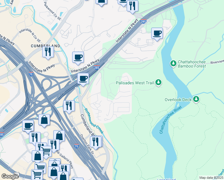 map of restaurants, bars, coffee shops, grocery stores, and more near 215 Akers Ridge Drive Southeast in Atlanta