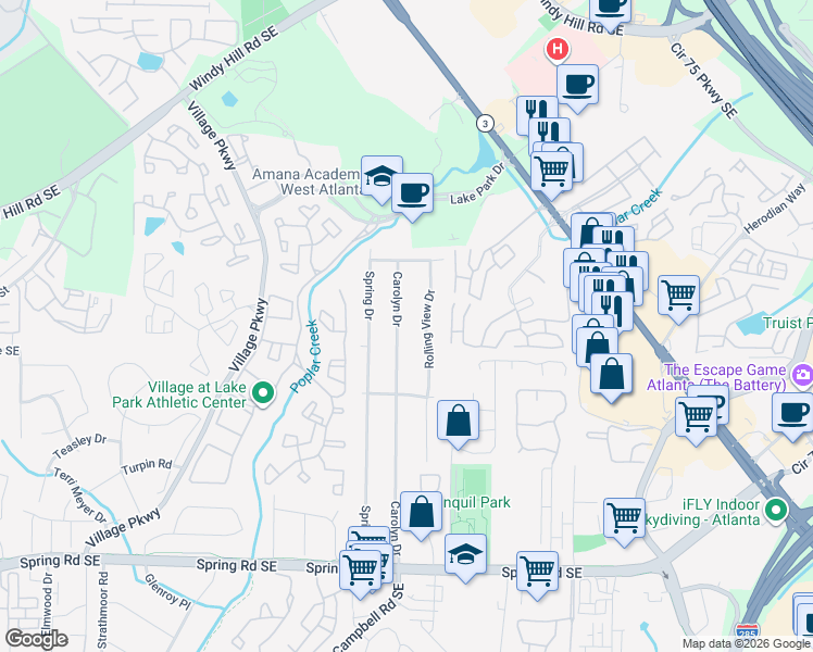 map of restaurants, bars, coffee shops, grocery stores, and more near 2527 Carolyn Drive in Smyrna