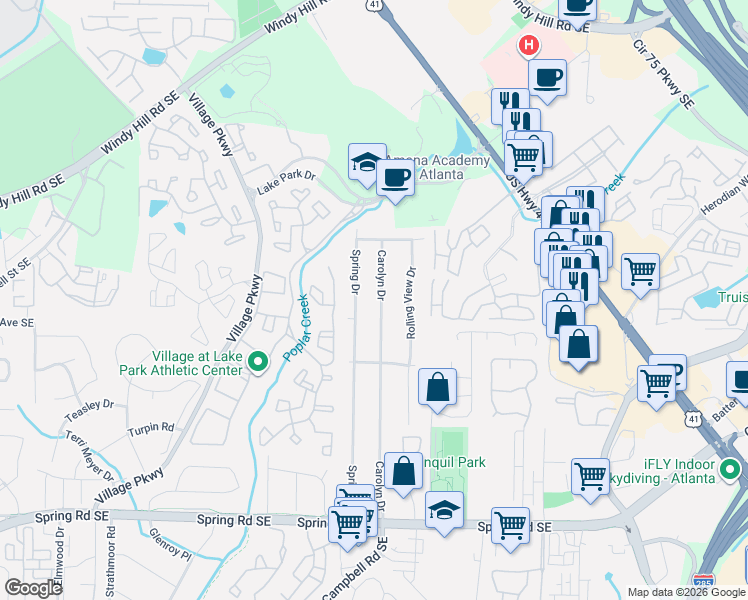 map of restaurants, bars, coffee shops, grocery stores, and more near 2527 Carolyn Drive in Smyrna