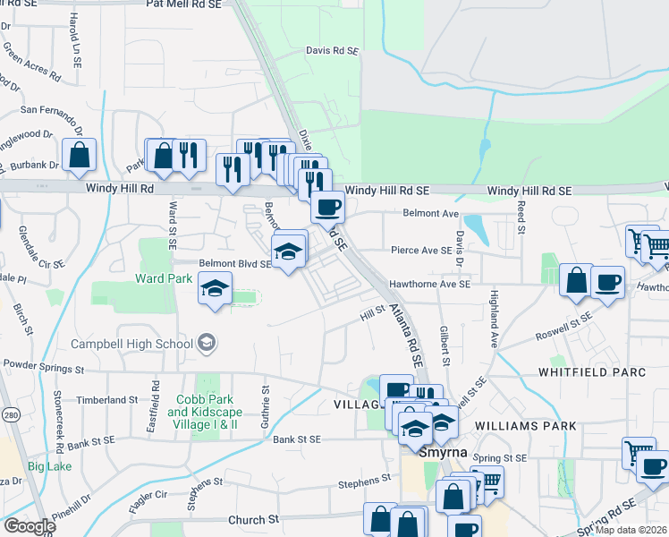 map of restaurants, bars, coffee shops, grocery stores, and more near 328 Symphony Way in Smyrna