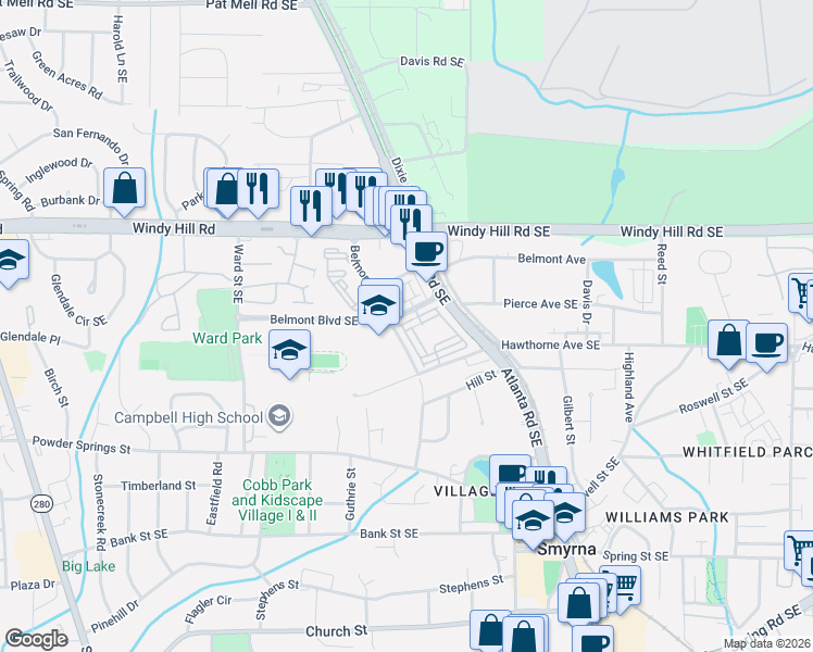 map of restaurants, bars, coffee shops, grocery stores, and more near 229 Dellwood Drive in Smyrna