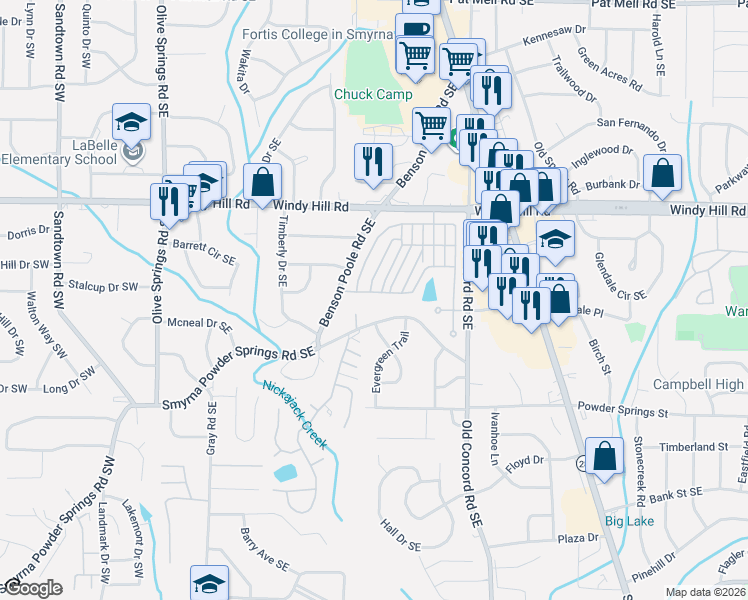 map of restaurants, bars, coffee shops, grocery stores, and more near 311 Smyrna Powder Springs Road Southeast in Smyrna