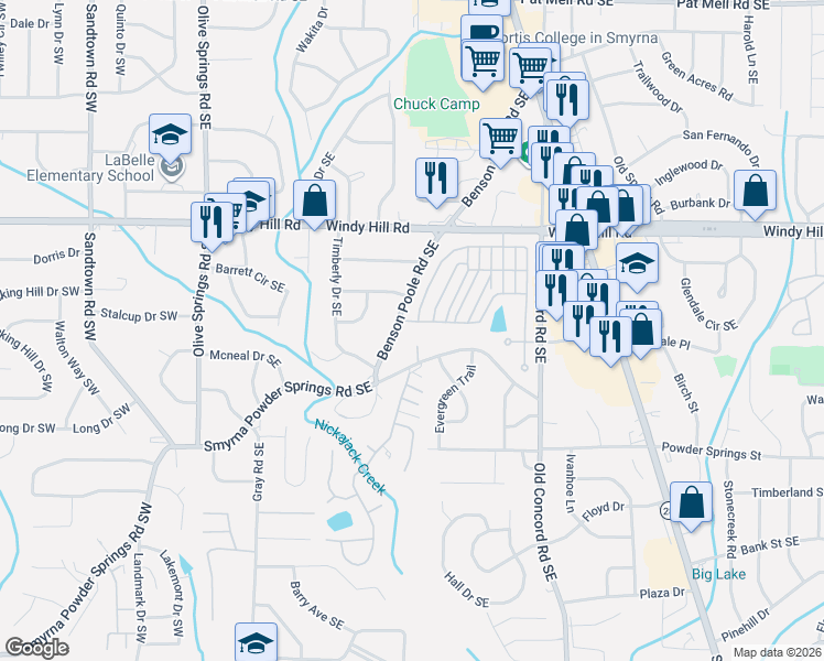 map of restaurants, bars, coffee shops, grocery stores, and more near 311 Smyrna Powder Springs Road Southeast in Smyrna
