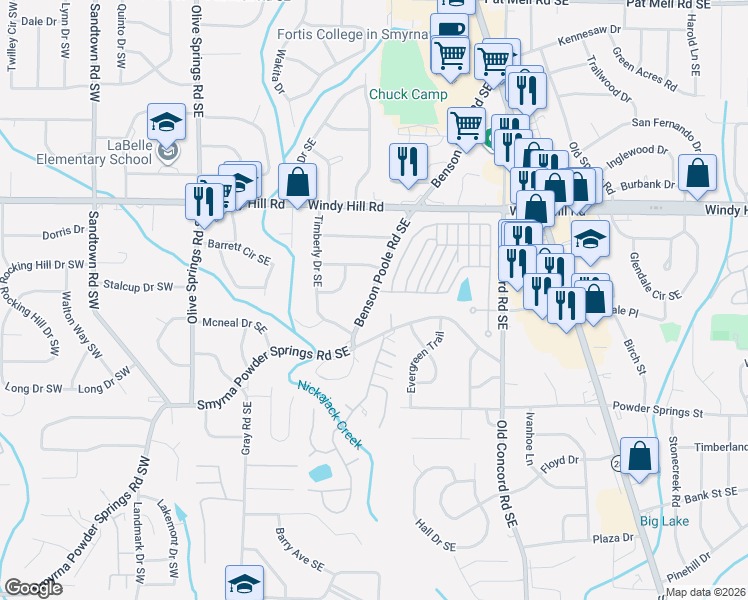 map of restaurants, bars, coffee shops, grocery stores, and more near 2538 Benson Poole Road Southeast in Marietta