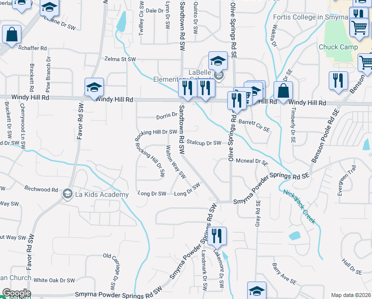 map of restaurants, bars, coffee shops, grocery stores, and more near 2566 Sandtown Road Southwest in Marietta
