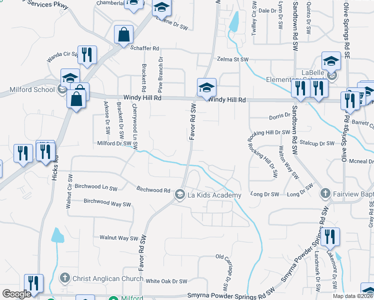 map of restaurants, bars, coffee shops, grocery stores, and more near 2572 Favor Road Southwest in Marietta