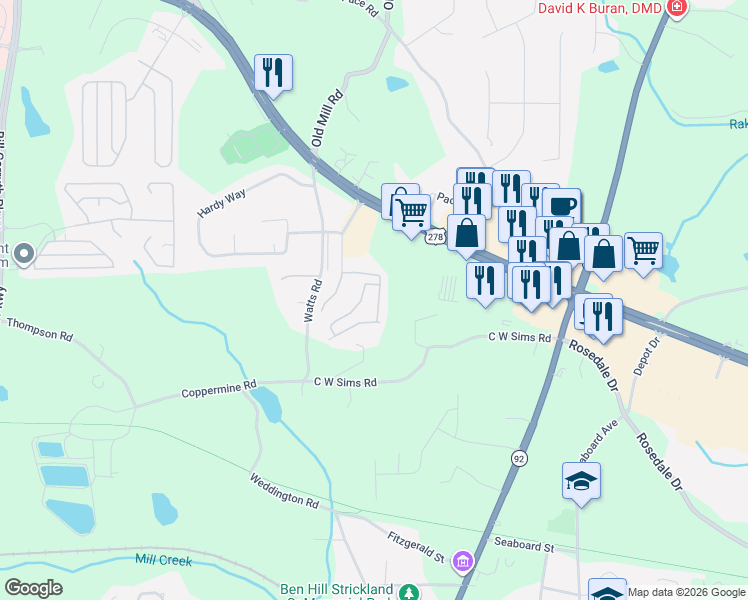 map of restaurants, bars, coffee shops, grocery stores, and more near 172 Venture Path in Hiram