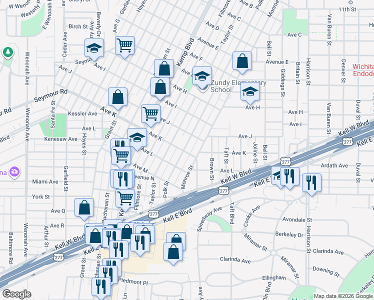 map of restaurants, bars, coffee shops, grocery stores, and more near 2014 Monroe Street in Wichita Falls