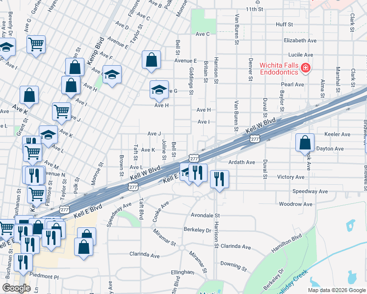 map of restaurants, bars, coffee shops, grocery stores, and more near in Wichita Falls