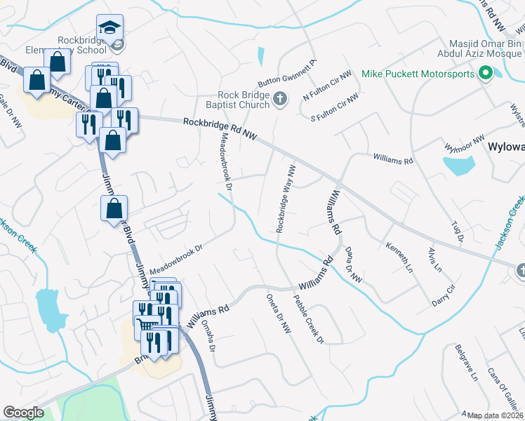 map of restaurants, bars, coffee shops, grocery stores, and more near 909 Rockbridge Way Northwest in Norcross