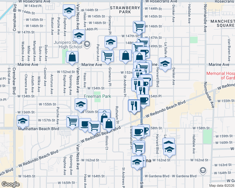 map of restaurants, bars, coffee shops, grocery stores, and more near 1923 West 154th Place in Gardena