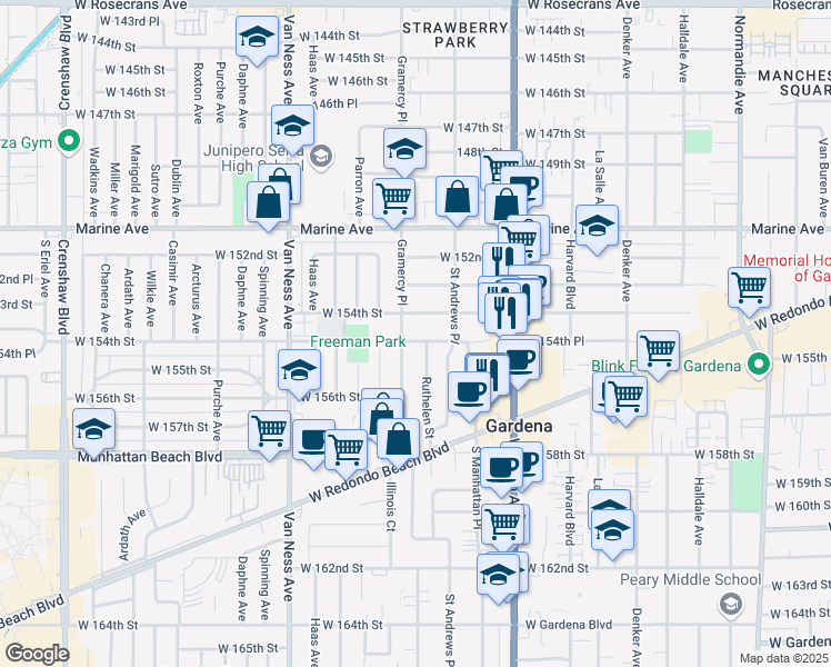 map of restaurants, bars, coffee shops, grocery stores, and more near 1935 West 154th Place in Gardena