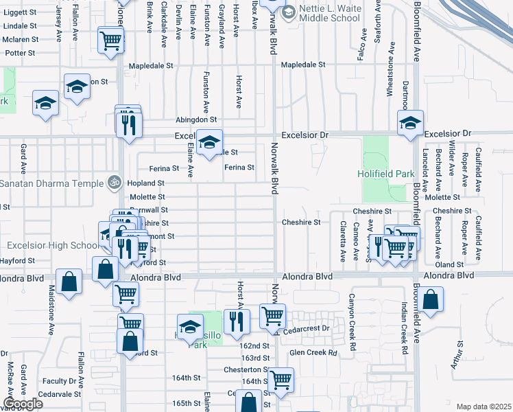 map of restaurants, bars, coffee shops, grocery stores, and more near 12139 Barnwall Street in Norwalk