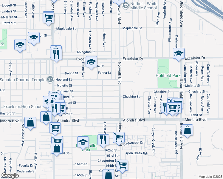 map of restaurants, bars, coffee shops, grocery stores, and more near 12139 Barnwall Street in Norwalk