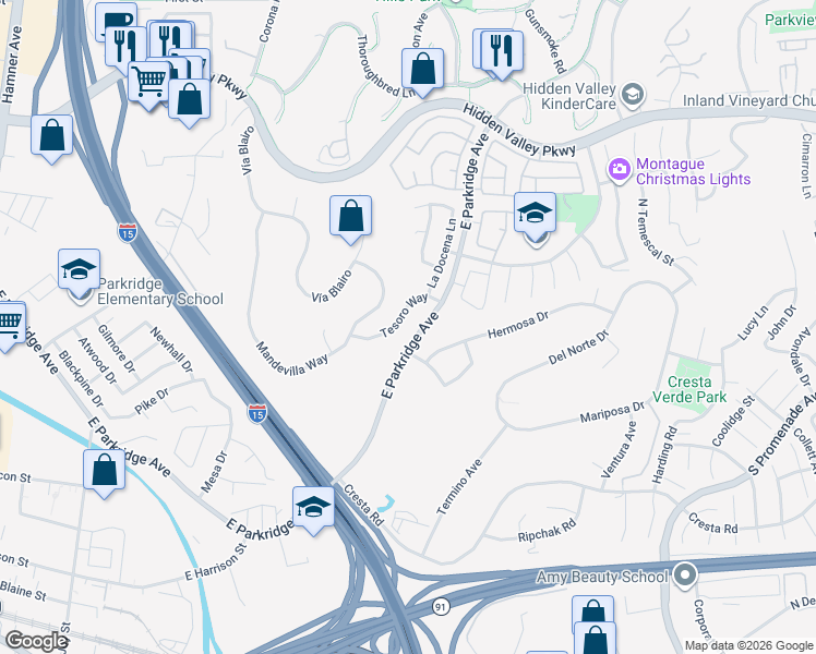 map of restaurants, bars, coffee shops, grocery stores, and more near 1244 Tesoro Way in Corona