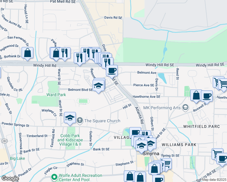 map of restaurants, bars, coffee shops, grocery stores, and more near 229 Dellwood Drive in Smyrna