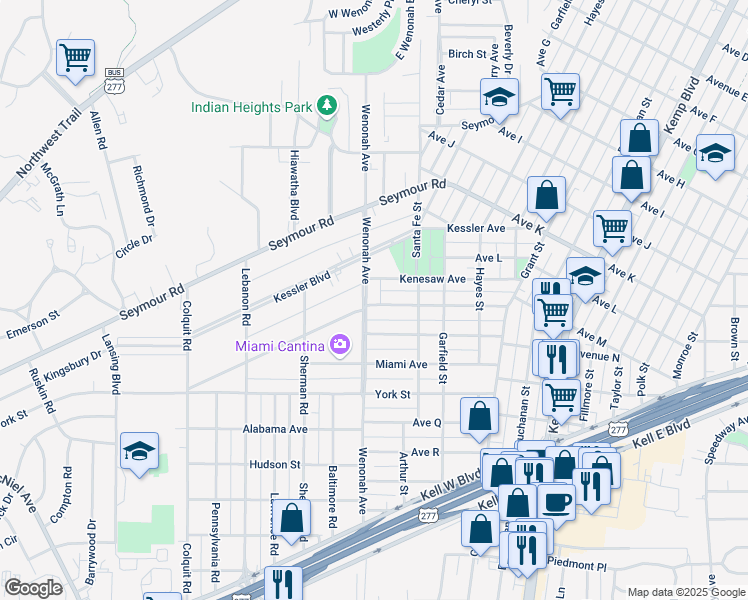 map of restaurants, bars, coffee shops, grocery stores, and more near 2219 Wenonah Avenue in Wichita Falls