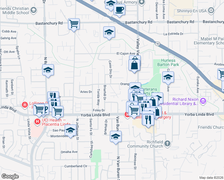 map of restaurants, bars, coffee shops, grocery stores, and more near 4761 Collins Lane in Yorba Linda
