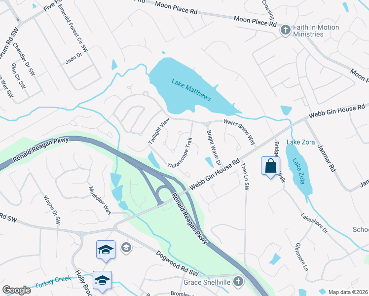 map of restaurants, bars, coffee shops, grocery stores, and more near 2383 Waterscape Trail in Snellville