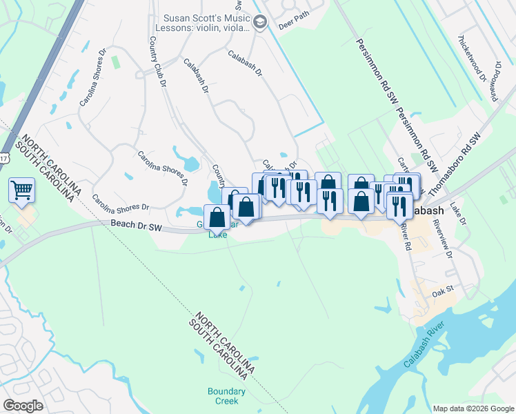 map of restaurants, bars, coffee shops, grocery stores, and more near 10170 North Carolina 179 in Calabash