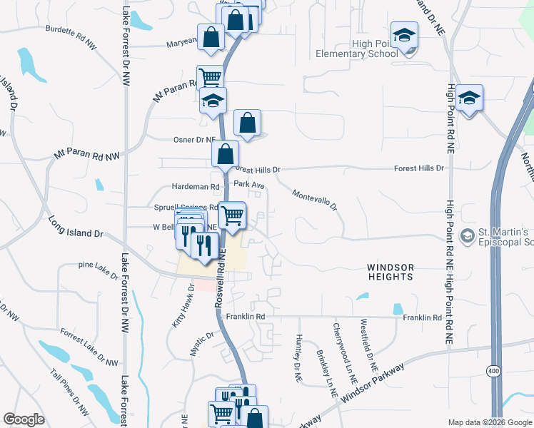 map of restaurants, bars, coffee shops, grocery stores, and more near 4333 Park Avenue in Atlanta