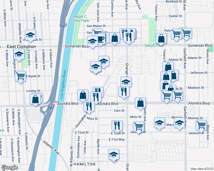 map of restaurants, bars, coffee shops, grocery stores, and more near 15649 Aravaca Drive in Paramount