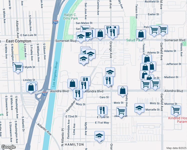 map of restaurants, bars, coffee shops, grocery stores, and more near 15649 Aravaca Drive in Paramount