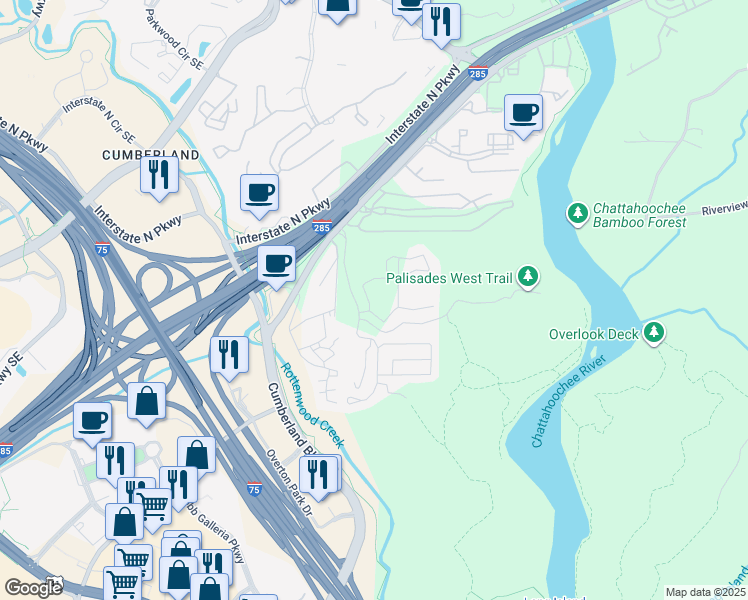 map of restaurants, bars, coffee shops, grocery stores, and more near 100 Akers Ridge Drive Southeast in Atlanta