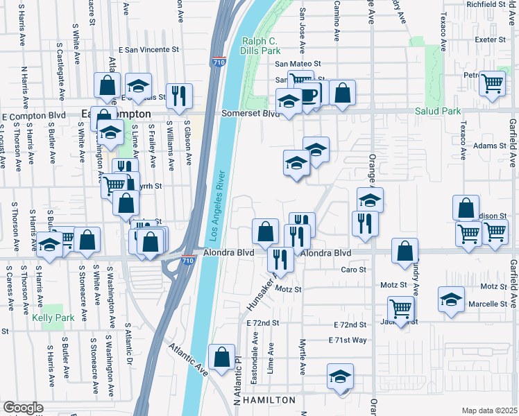 map of restaurants, bars, coffee shops, grocery stores, and more near 6407 Alondra Boulevard in Paramount