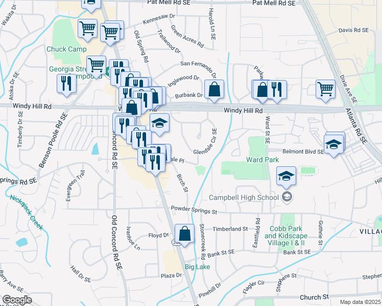 map of restaurants, bars, coffee shops, grocery stores, and more near 2488 Glendale Circle Southeast in Smyrna