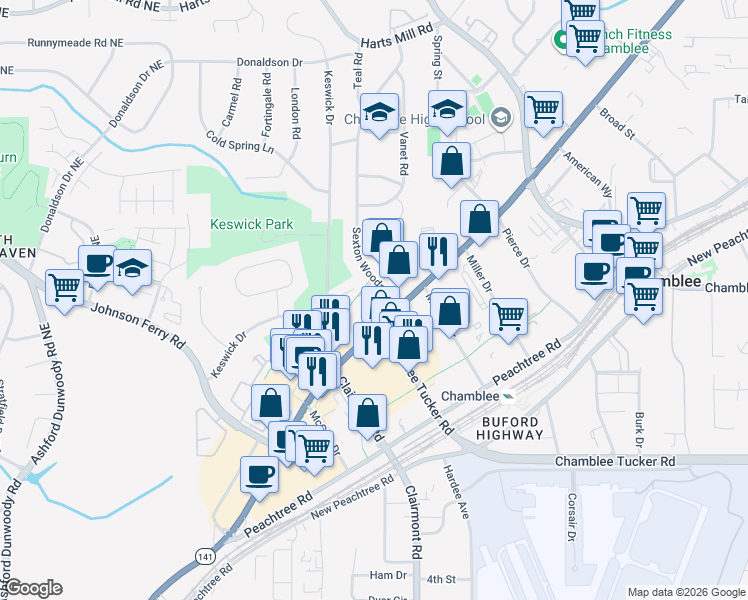 map of restaurants, bars, coffee shops, grocery stores, and more near 5180 Peachtree Boulevard in Atlanta