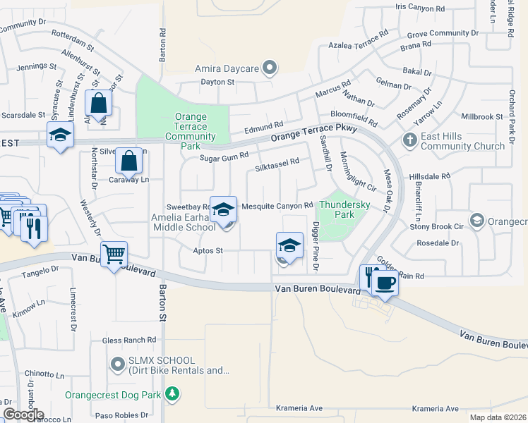 map of restaurants, bars, coffee shops, grocery stores, and more near 20307 Mesquite Canyon Road in Riverside