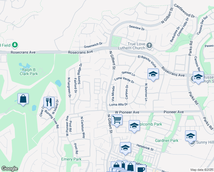 map of restaurants, bars, coffee shops, grocery stores, and more near 1723 North Gilbert Street in Fullerton