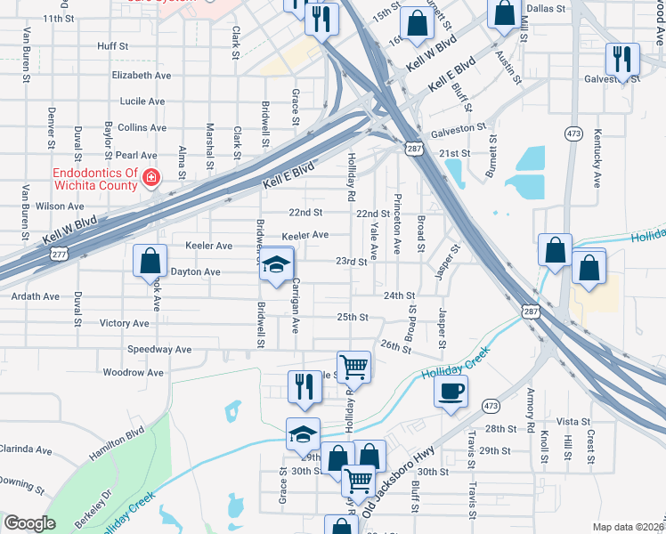 map of restaurants, bars, coffee shops, grocery stores, and more near 2310 Holliday Road in Wichita Falls