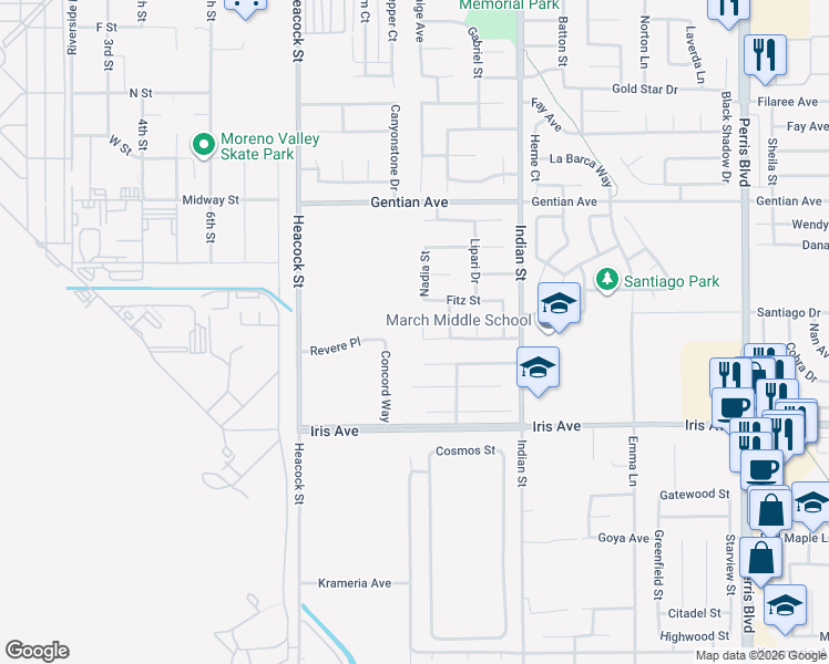 map of restaurants, bars, coffee shops, grocery stores, and more near 15785 April Court in Moreno Valley